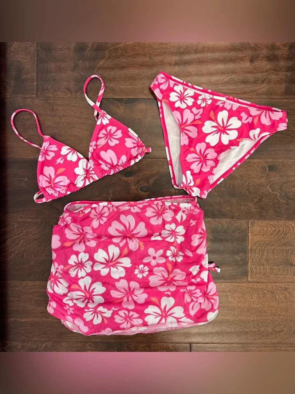 NEW 3-Piece Girls Swim Suit Set Bikini Bathing Pink Hibiscus Tropical Print, 10